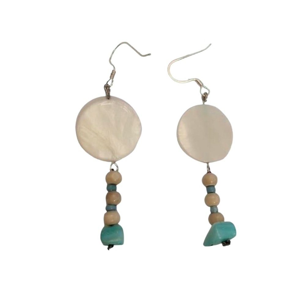 Handmade White and Blue Beaded Seashell Earrings
